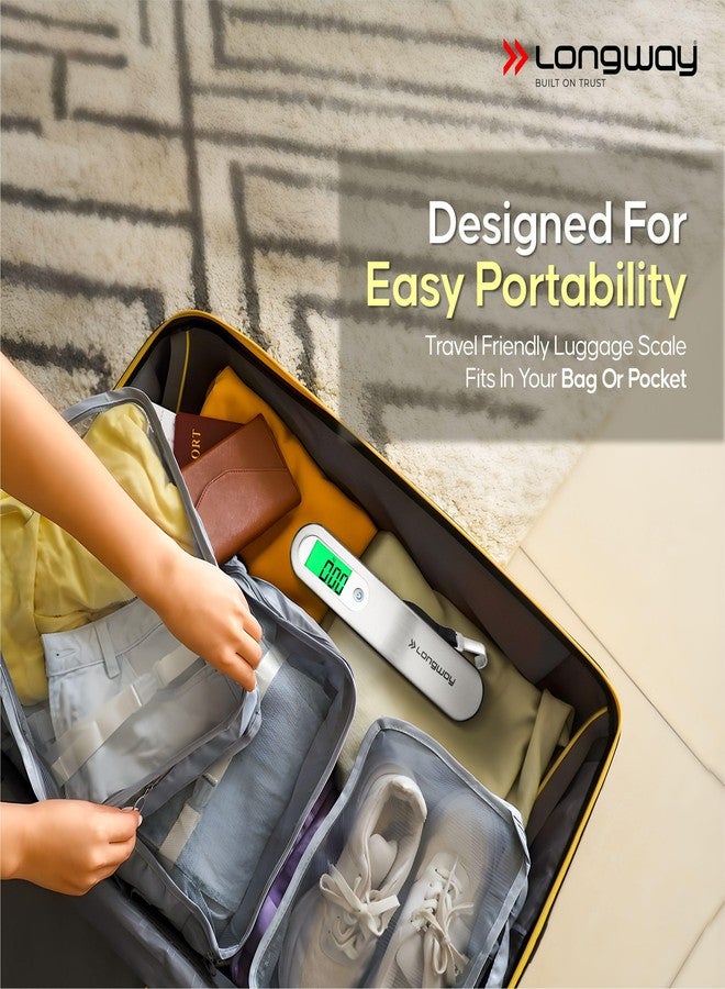 لونج واي ميزان أمتعة رقمي محمول من لونغواي ترافيلتير | شاشة LCD لقياسات دقيقة | ضمان استبدال مدى الحياة | ميزان للاستخدام المنزلي والسفر والرحلات الجوية والحقائب (فضي، 50 كجم) - Image 4